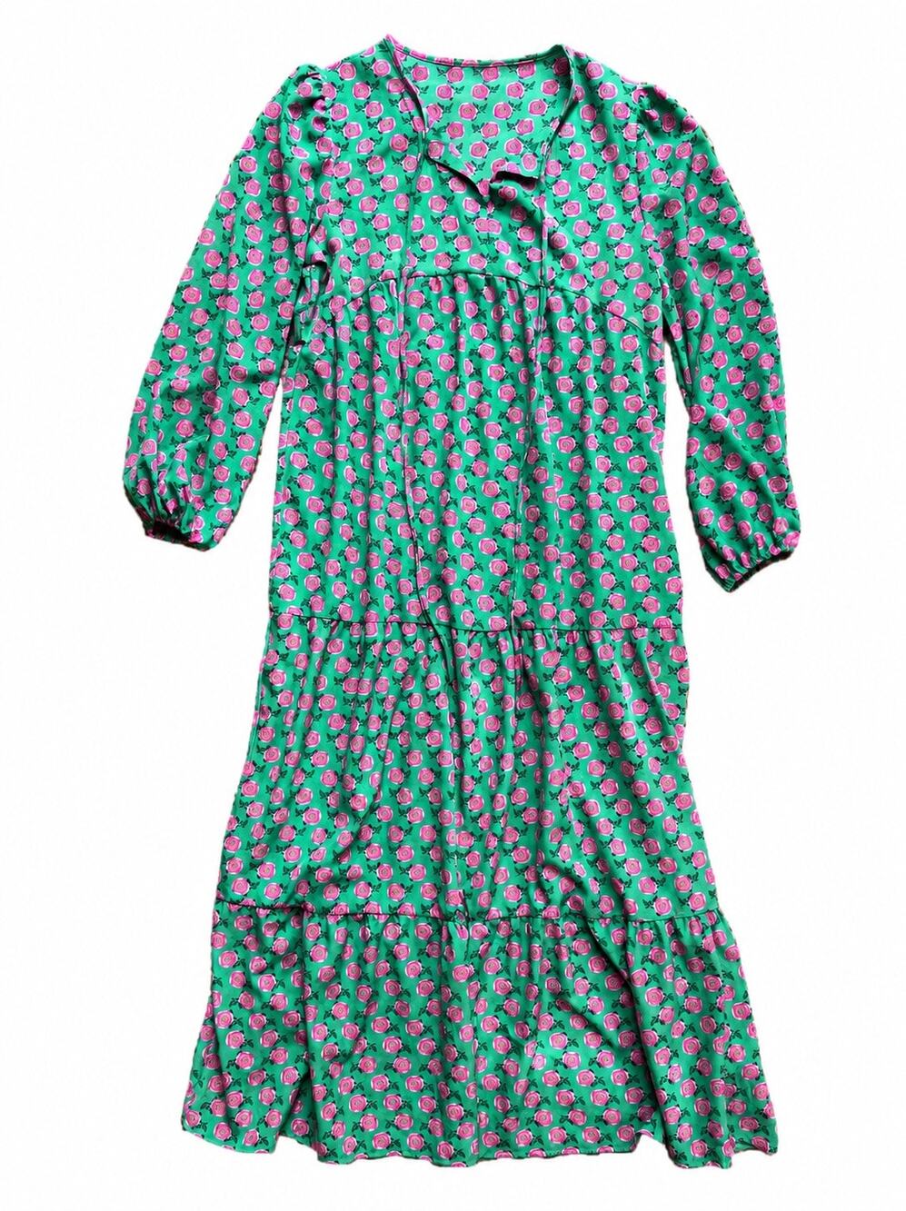 Green Pink Rose Floral Tiered Maxi Dress Puff Sleeve Boho Resort SIZE L